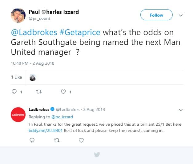 Ladbrokes #Getaprice Gareth Southgate being named the next Man United manager - Ladbrokes Twitter
