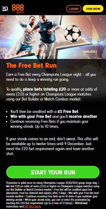 888 Free Bet Run